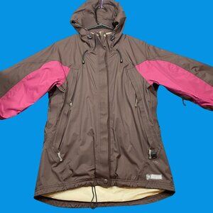 REI Womens Brown & Pink Waterproof Hooded Jacket XS Outdoor Hiking Double Zipper